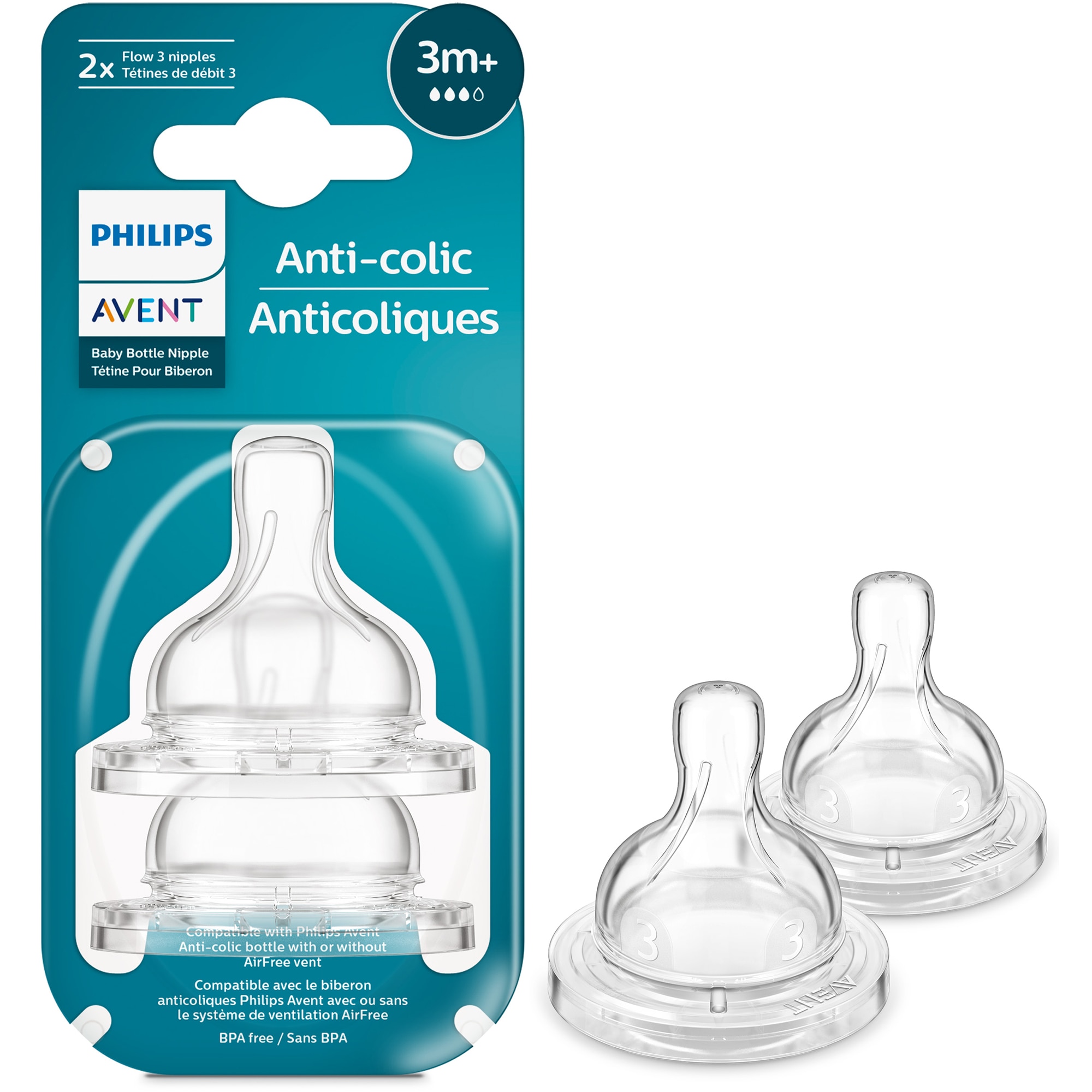 Tetina Anti-colici Philips Avent SCY763/02, +3 luni, debit 3, fara BPA, 2  bucati 