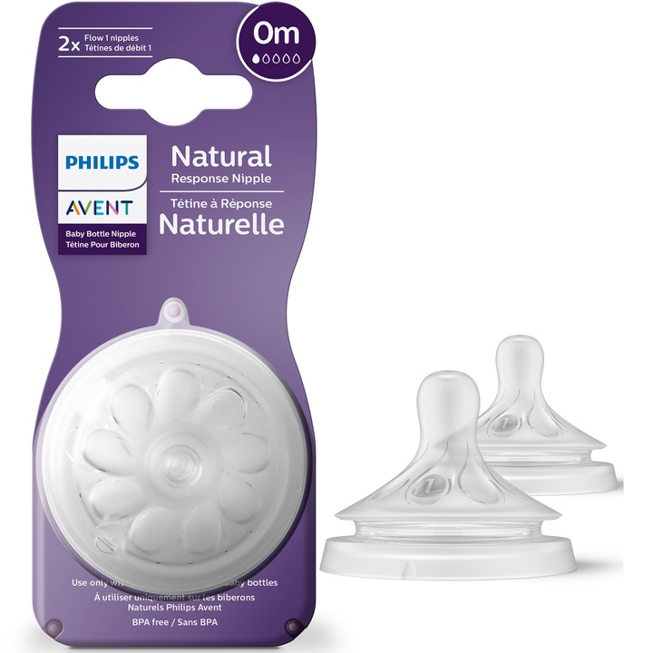Tetina Philips Avent Natural Response SCY961/02, 0 luni, tetina care functioneaza ca sanul mamei, tetina fara scurgeri, debit 1, fara BPA, 2 bucati