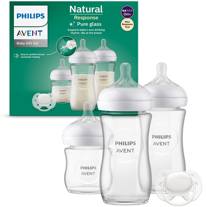 Set nou-nascut Philips Avent Natural Response SCD878/11, tetina care functioneaza ca sanul mamei, tetina fara scurgeri, 3 biberoane de sticla, suzeta ultra-soft 0-6 luni