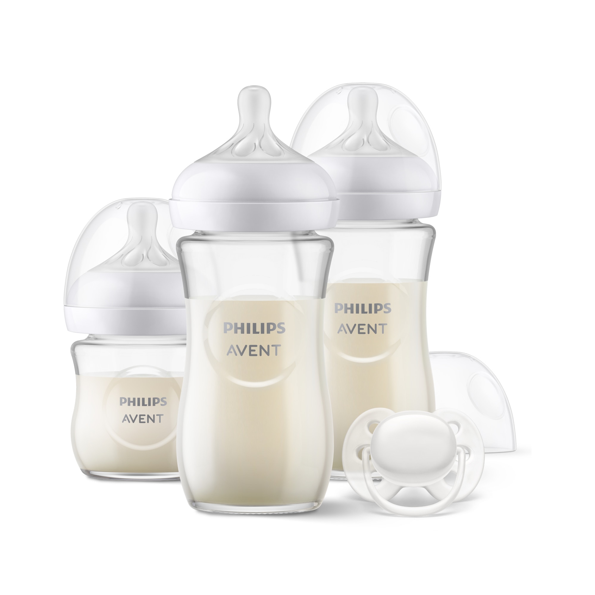 Set nou-nascut Philips Avent Natural Response SCD878/11, tetina care  functioneaza ca sanul mamei, tetina fara scurgeri, 3 biberoane de sticla,  suzeta ultra-soft 0-6 luni 