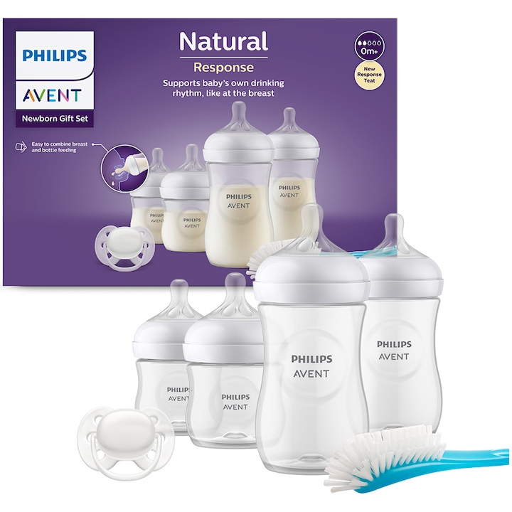 Set nou-nascut Philips Avent Natural Response SCD838/11, tetina care functioneaza ca sanul mamei, tetina fara scurgeri, 4 biberoane, suzeta ultra-soft 0-6 luni, perie pentru biberon