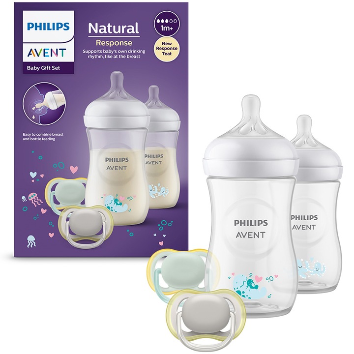 Set nou-nascut Philips Avent Natural Response SCD837/11, tetina care functioneaza ca sanul mamei, tetina fara scurgeri, 2 biberoane decorative de 260 ml, 2 suzete ultra-soft 0-6 luni