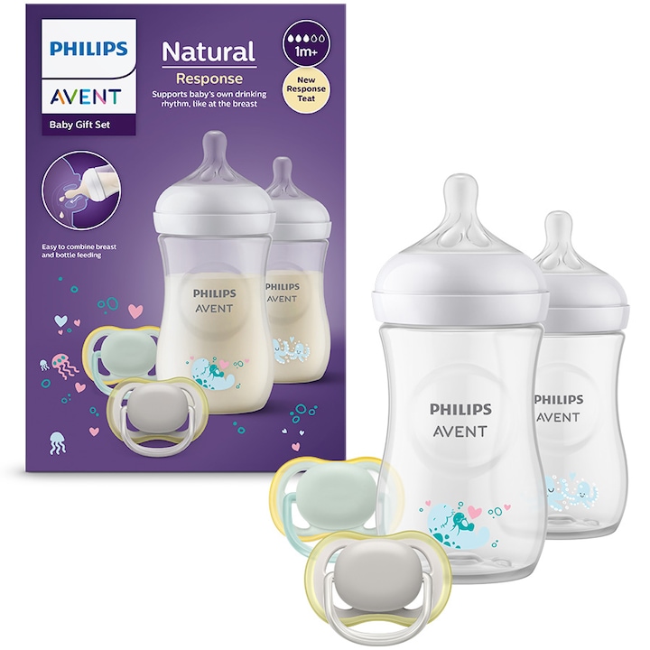 Комплект за новородени Philips Avent Natural Response SCD837/11, Биберон, работещ като майчината гърда, Биберон без течове, 2 декоративни шишета по 260 мл, 2 ултра меки залъгалки 0-6 месеца