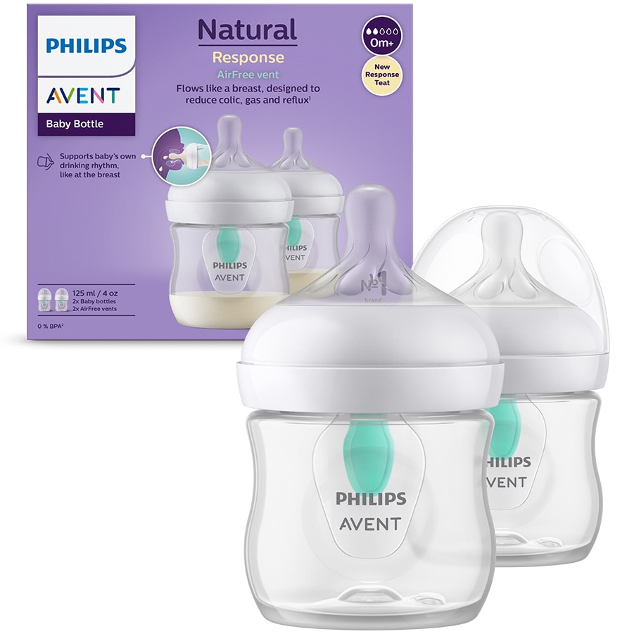 Set 2 biberoane Philips Avent Natural Response SCY670/02, cu dispozitiv  anticolici AirFree, 125 ml, tetina care functioneaza ca sanul mamei, cu  debit 2, tetina fara scurgeri, +0 luni, fara BPA, usor de curatat 