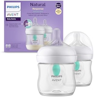 Set 2 biberoane Philips Avent Natural Response SCY670/02, cu dispozitiv anticolici AirFree, 125 ml, tetina care functioneaza ca sanul mamei, cu debit 2, tetina fara scurgeri, +0 luni, fara BPA, usor de curatat