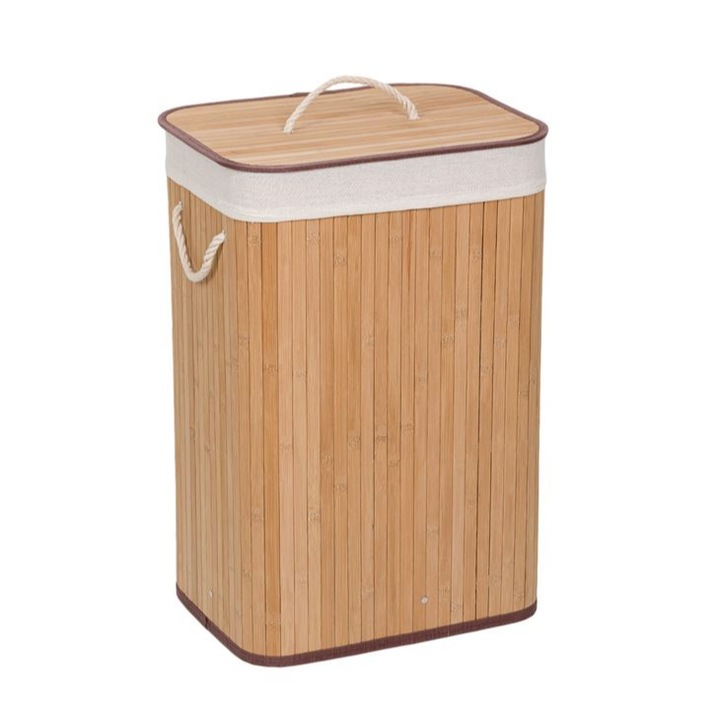 Cos de rufe din bambus cu capac, bej, 40 x 30 x 60 cm