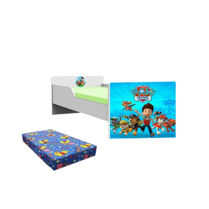 Pat copii Patrula catelusilor albastru, 164x84 cm, saltea inclusa