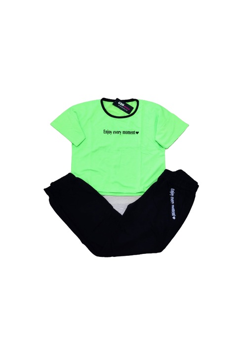 Compleu bumbac, negru, verde neon, model Enjoy every moment