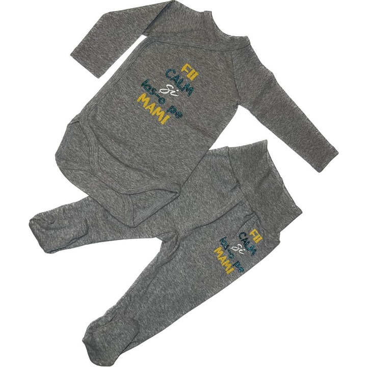 Set 2 piese pentru baieti, Body cu maneca lunga si pantaloni lungi cu botosei, Fii calm si las-o pe mami, Gri, 3 luni