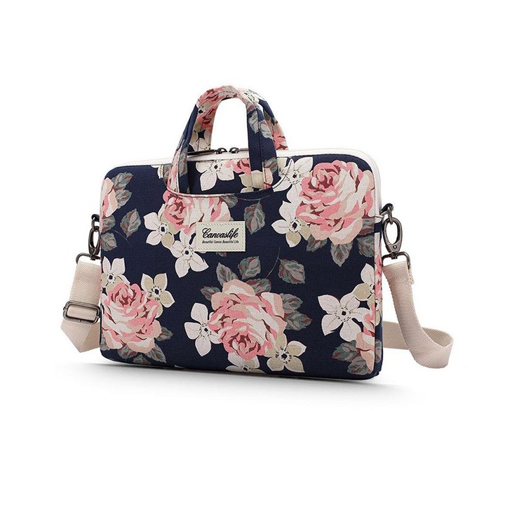 Geanta Transport Laptop, Canvas 89125,13-14 inch Model Floral, Navy Rose
