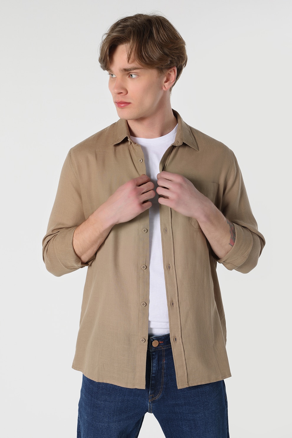 COLIN'S, Camasa din amestec de bumbac cu buzunar pe piept, Maro deschis, 2XL
