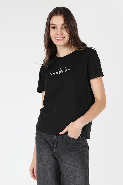 COLIN'S, Tricou regular fit cu detaliu cu imprimeu text, Alb/Negru, XS