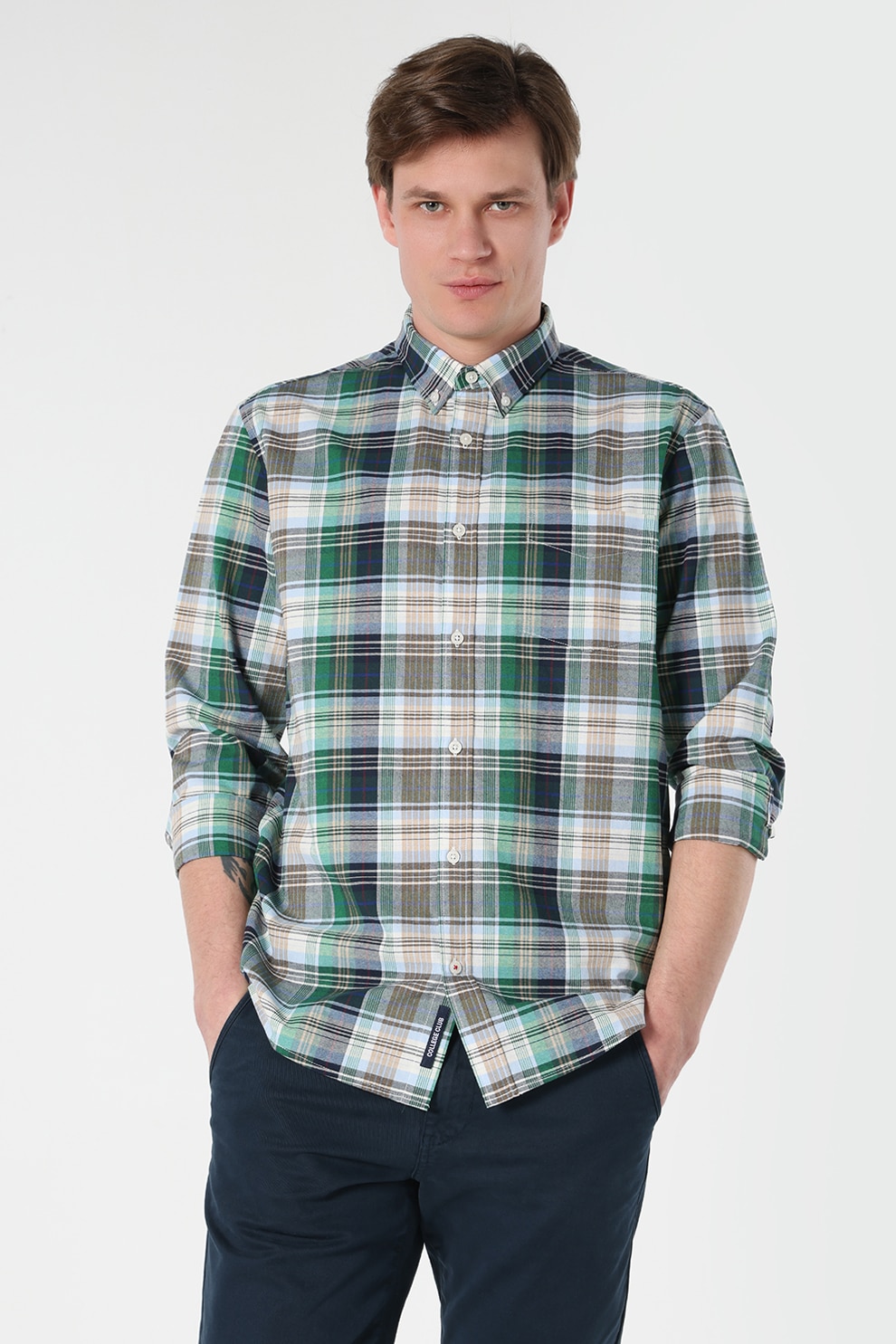 COLIN'S, Camasa regular fit cu model in carouri, Verde, Maro deschis, Albastru marin, S