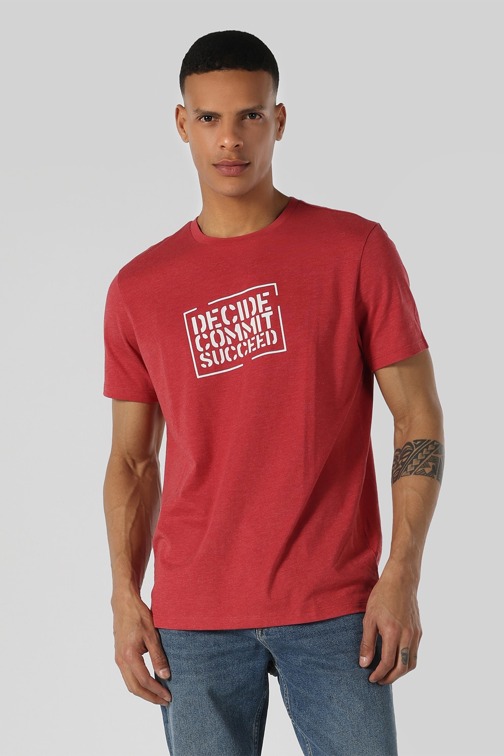 COLIN'S, Tricou regular fit cu text, Rosu melage, S