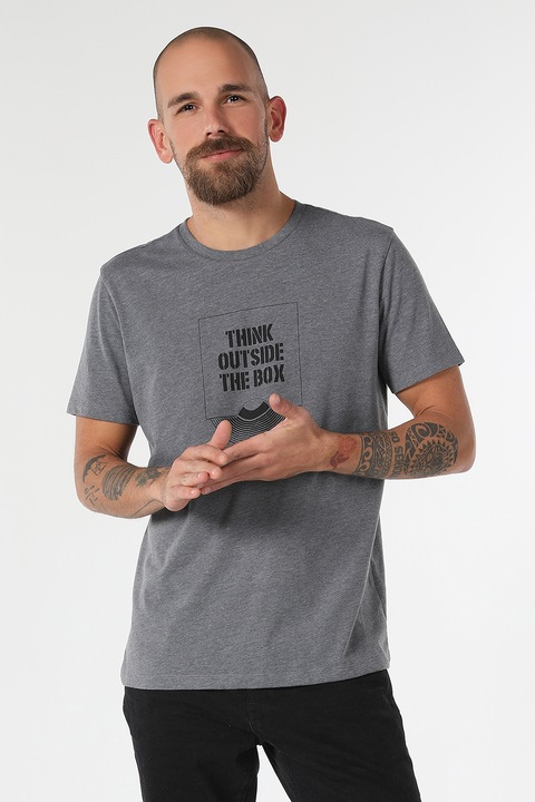 COLIN'S, Tricou cu decolteu la baza gatului si imprimeu text, Negru/Gri inchis melange, S