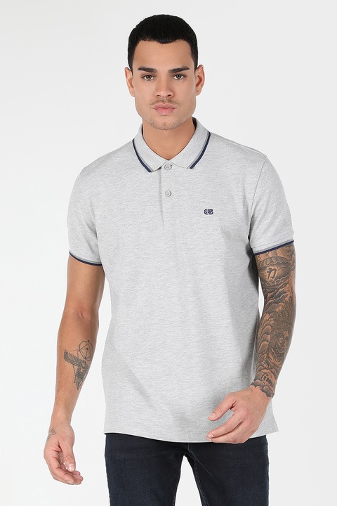 COLIN'S, Tricou polo de bumbac din material pique, Gri melange/Bleumarin, S