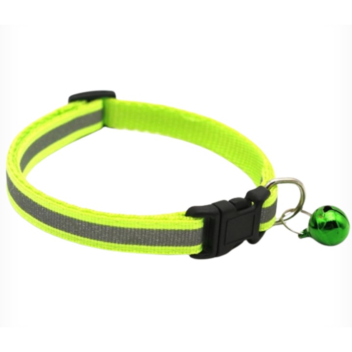 Zgarda Lazy Paws nylon, verde fluorescent, reflectorizanta pentru pisica pui si adult