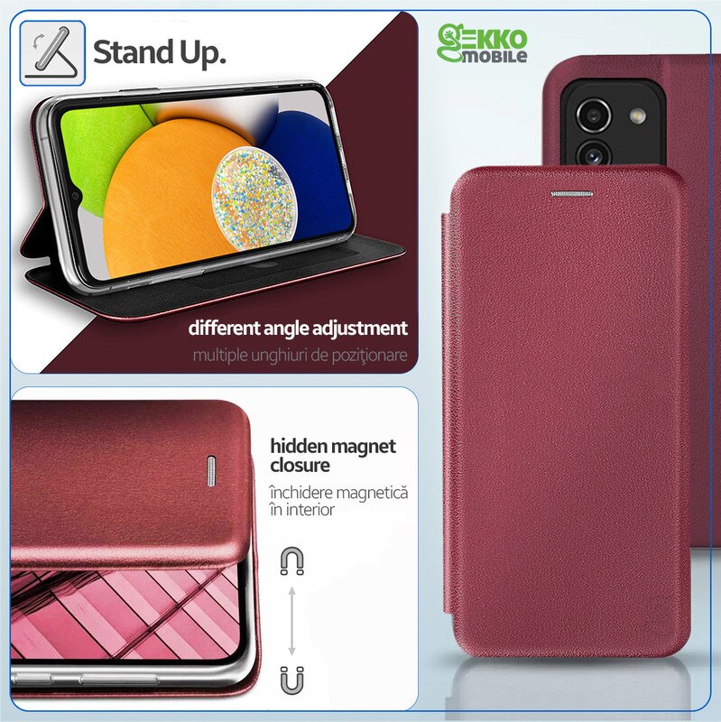 Husa pentru Samsung Galaxy A03 (A035G), tip carte, inchidere Magnetica, buzunar Card, Functie Stand, Piele-Eco cu interior Microfibra, Flip Open, Visinie