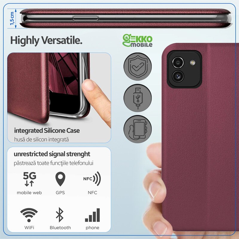 Husa pentru Samsung Galaxy A03 (A035G), tip carte, inchidere Magnetica, buzunar Card, Functie Stand, Piele-Eco cu interior Microfibra, Flip Open, Visinie