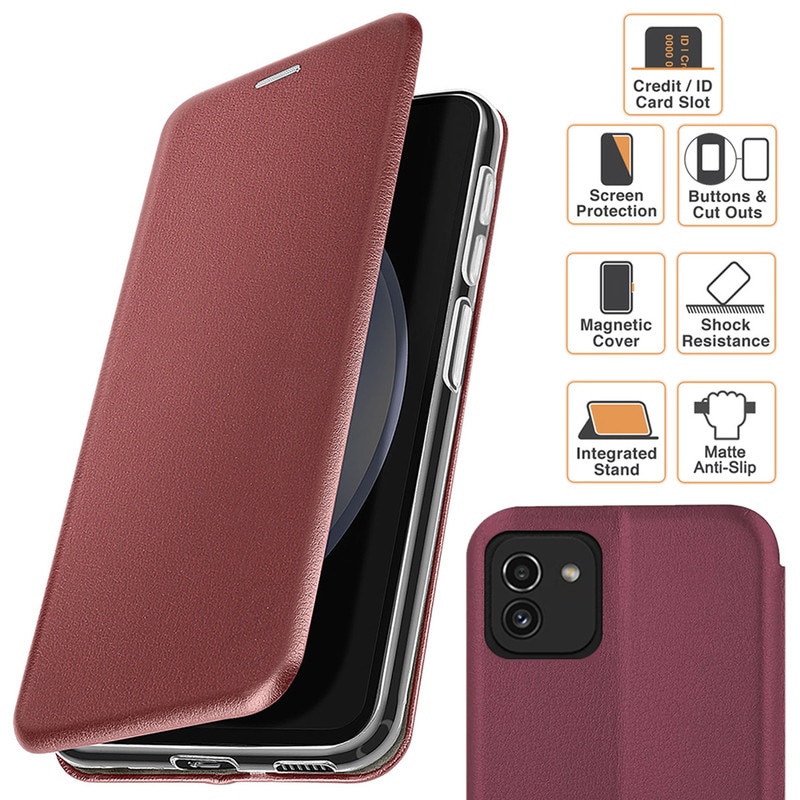 Husa pentru Samsung Galaxy A03 (A035G), tip carte, inchidere Magnetica, buzunar Card, Functie Stand, Piele-Eco cu interior Microfibra, Flip Open, Visinie