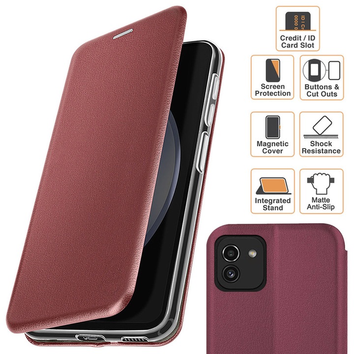 Husa pentru Samsung Galaxy A03 (A035G), tip carte, inchidere Magnetica, buzunar Card, Functie Stand, Piele-Eco cu interior Microfibra, Flip Open, Visinie