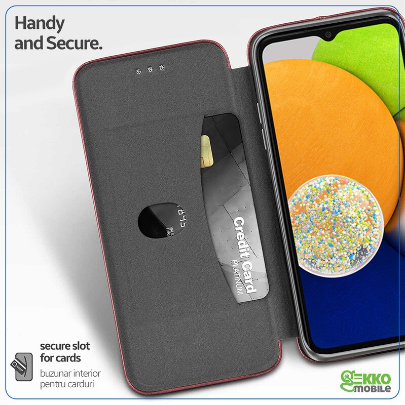 Husa pentru Samsung Galaxy A03 (A035G), tip carte, inchidere Magnetica, buzunar Card, Functie Stand, Piele-Eco cu interior Microfibra, Flip Open, Visinie