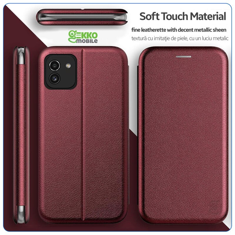Husa pentru Samsung Galaxy A03 (A035G), tip carte, inchidere Magnetica, buzunar Card, Functie Stand, Piele-Eco cu interior Microfibra, Flip Open, Visinie