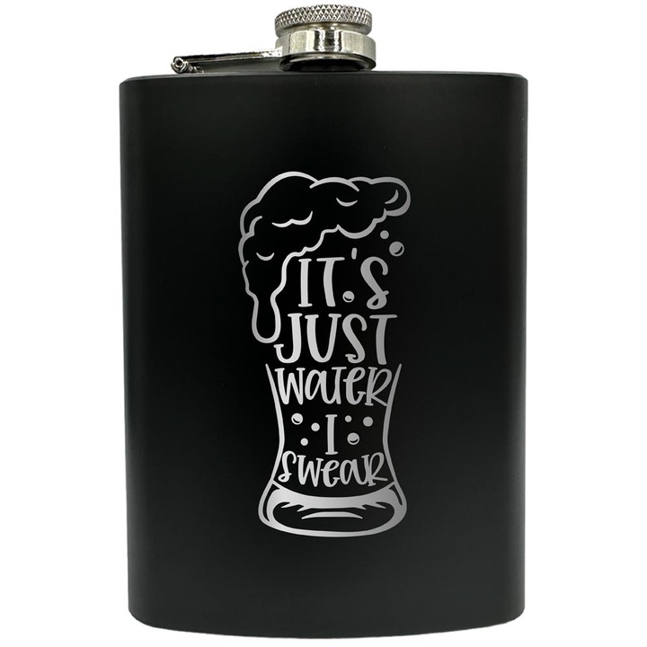 Plosca gravata din otel inoxidabil, de 8oz 240 ml pentru bauturi fine, It's Just Water I Swear, Negru, FNF 126