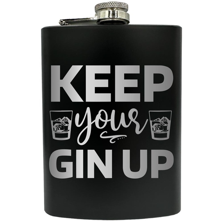 Plosca gravata din otel inoxidabil, de 8oz 240 ml pentru bauturi fine, Keep Your Gin Up, Negru, FNF 129