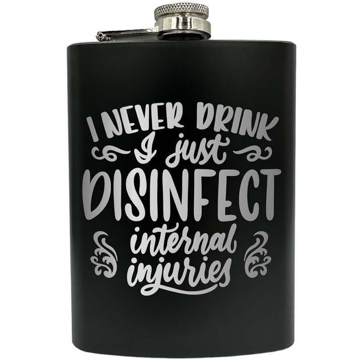 Plosca gravata din otel inoxidabil, de 8oz 240 ml pentru bauturi fine, I Never Drink, Negru, FNF 13