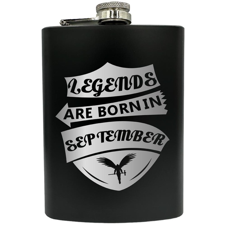 Gravírozott flaska, rozsdamentes acél, 8oz (240ml), Legends Are Born In September, Fekete FNF 21