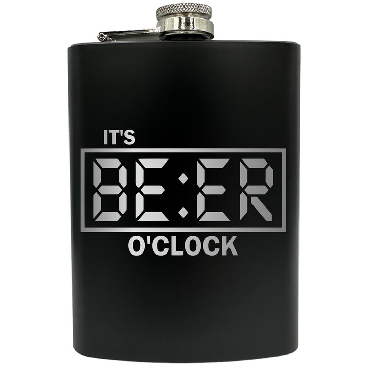 Plosca gravata din otel inoxidabil, de 8oz 240 ml pentru bauturi fine, It's Beer O'Clock, Negru, FNF 54