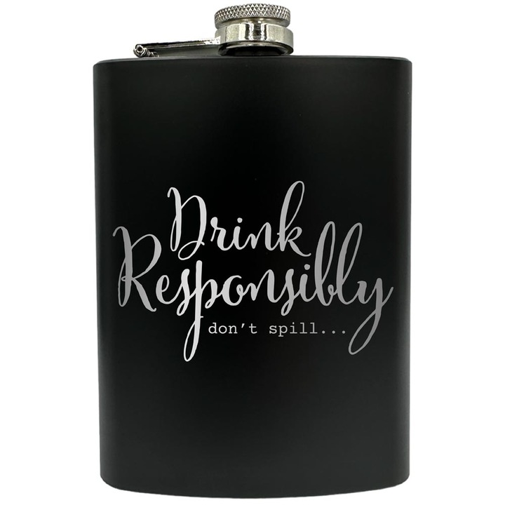 Plosca gravata din otel inoxidabil, de 8oz 240 ml pentru bauturi fine, Drink Responsibly, Negru, FNF 89