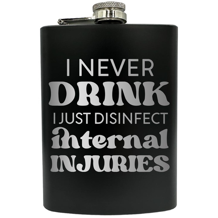 Plosca gravata din otel inoxidabil, de 8oz 240 ml pentru bauturi fine, I Never Drink, Negru, FNF 109