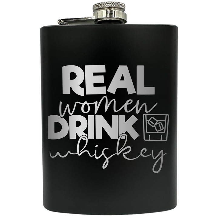 Plosca gravata din otel inoxidabil, de 8oz 240 ml pentru bauturi fine, Real Men Drink Whiskey, Negru, FNF 207