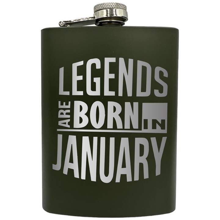 Plosca gravata din otel inoxidabil, de 8oz 240 ml pentru bauturi fine, Legends Are Born In January, Verde, ZNF 23