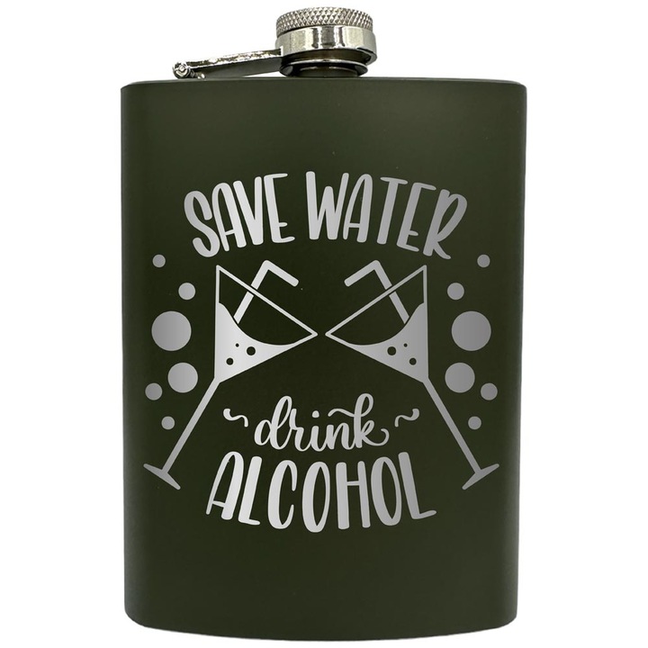 Plosca gravata din otel inoxidabil, de 8oz 240 ml pentru bauturi fine, Save Water Drink Alcohol, Verde, ZNF 16