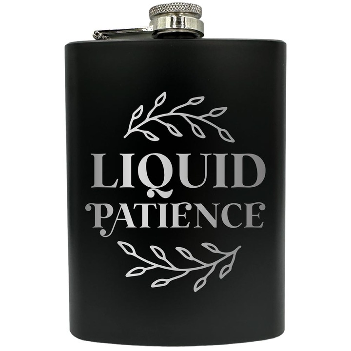 Plosca gravata din otel inoxidabil, de 8oz 240 ml pentru bauturi fine, Liquid Patience, Negru, FNF 138