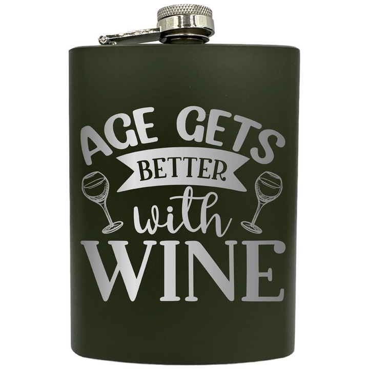 Plosca gravata din otel inoxidabil, de 8oz 240 ml pentru bauturi fine, Age Gets Better With Wine, Verde, ZNF 35