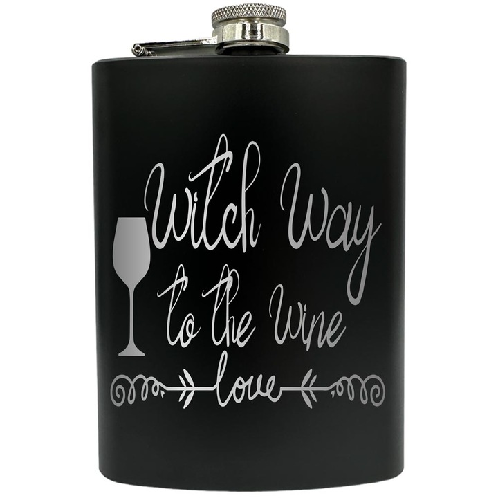 Plosca gravata din otel inoxidabil, de 8oz 240 ml pentru bauturi fine, Witch Way To The Wine, Negru, FNF 235