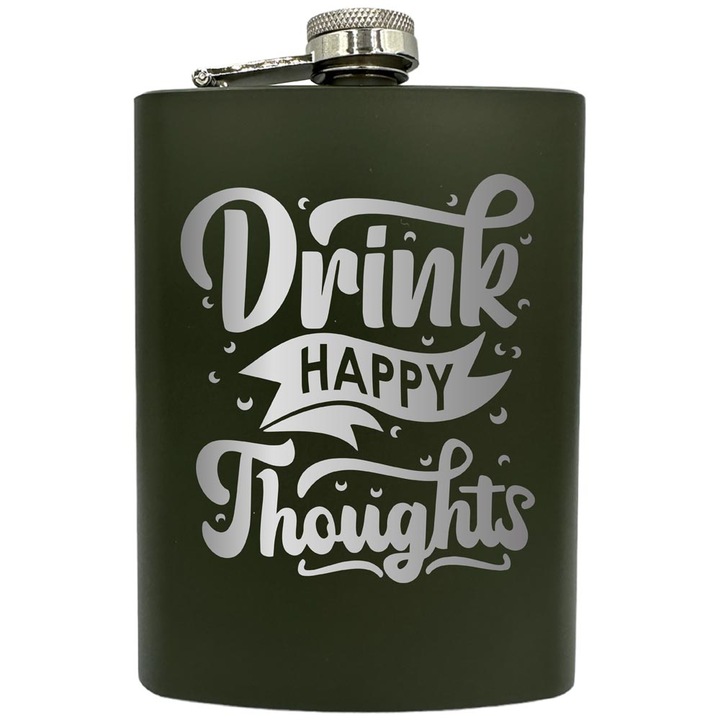 Plosca gravata din otel inoxidabil, de 8oz 240 ml pentru bauturi fine, Drink Happy Thoughts, Verde, ZNF 75