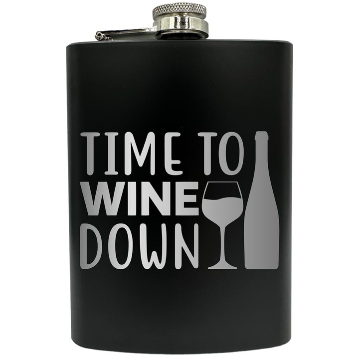 Plosca gravata din otel inoxidabil, de 8oz 240 ml pentru bauturi fine, Time To Wine Down, Negru, FNF 183