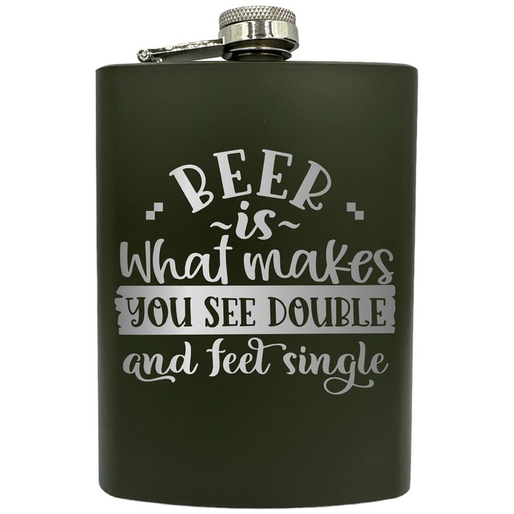 Plosca gravata din otel inoxidabil, de 8oz 240 ml pentru bauturi fine, Beer Is What Makes You See Double, Verde, ZNF 49