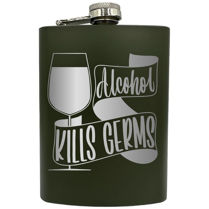Plosca gravata din otel inoxidabil, de 8oz 240 ml pentru bauturi fine, Alcohol Kills Germs, Verde, ZNF 3
