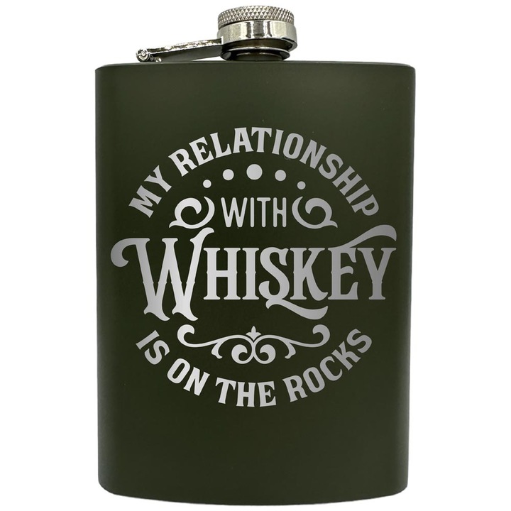 Plosca gravata din otel inoxidabil, de 8oz 240 ml pentru bauturi fine, My Relationship With Whiskey, Verde, ZNF 150
