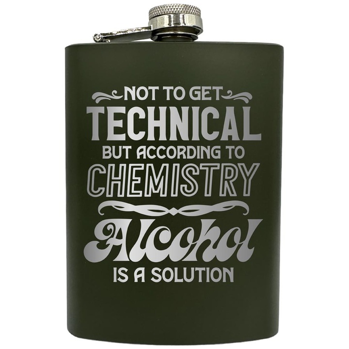 Plosca gravata din otel inoxidabil, de 8oz 240 ml pentru bauturi fine, Alcohol Is A Solution, Verde, ZNF 154