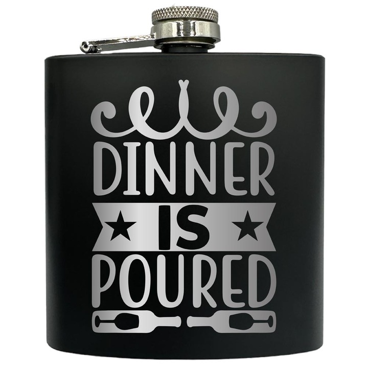 Plosca gravata din otel inoxidabil, de 6oz 180 ml pentru bauturi fine, Dinner Is Poured, Negru, FKF 64
