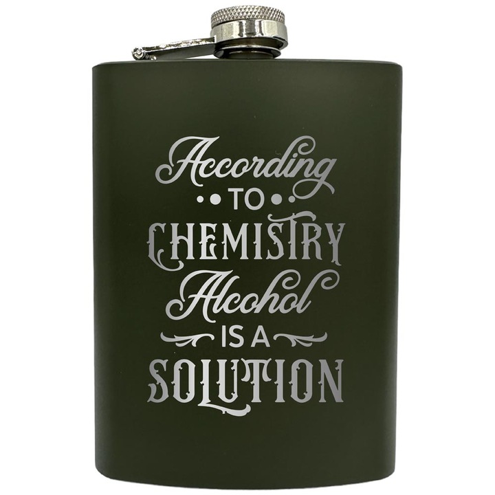 Plosca gravata din otel inoxidabil, de 8oz 240 ml pentru bauturi fine, Alcohol Is A Solution, Verde, ZNF 32