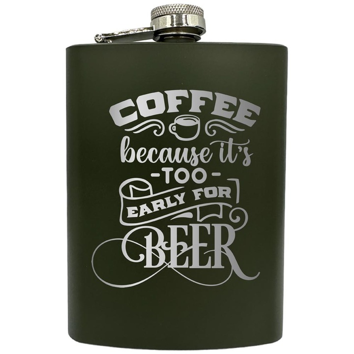 Манерка BestCase, Неръждаема стомана, 8oz (240ml), Гравирана, Coffe Because It's Too Early For Beer, Green, ZNF 57