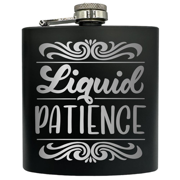 Plosca gravata din otel inoxidabil, de 6oz 180 ml pentru bauturi fine, Liquid Patience, Negru, FKF 14